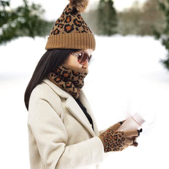 Leopard Print Winter Hat Gloves Scarf Set Womens Teen Warm Plush Acrylic - Picture 6 of 7